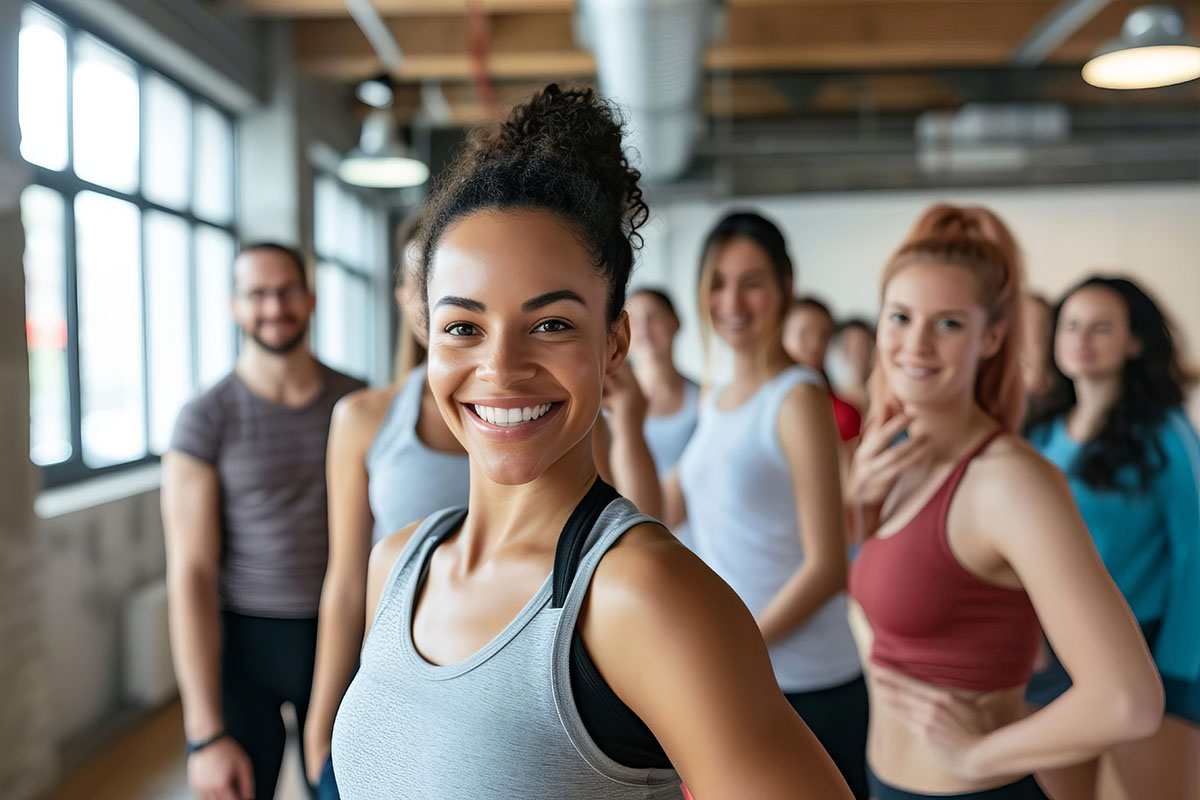 A certified adaptive fitness trainer assisting a client with special needs in a workout session at GymGuyz North Queens.